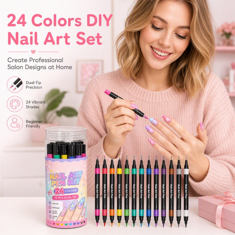 💅 24-Color Dual-Ended Nail Art Pens – Professional DIY Manicure Set 🎁
