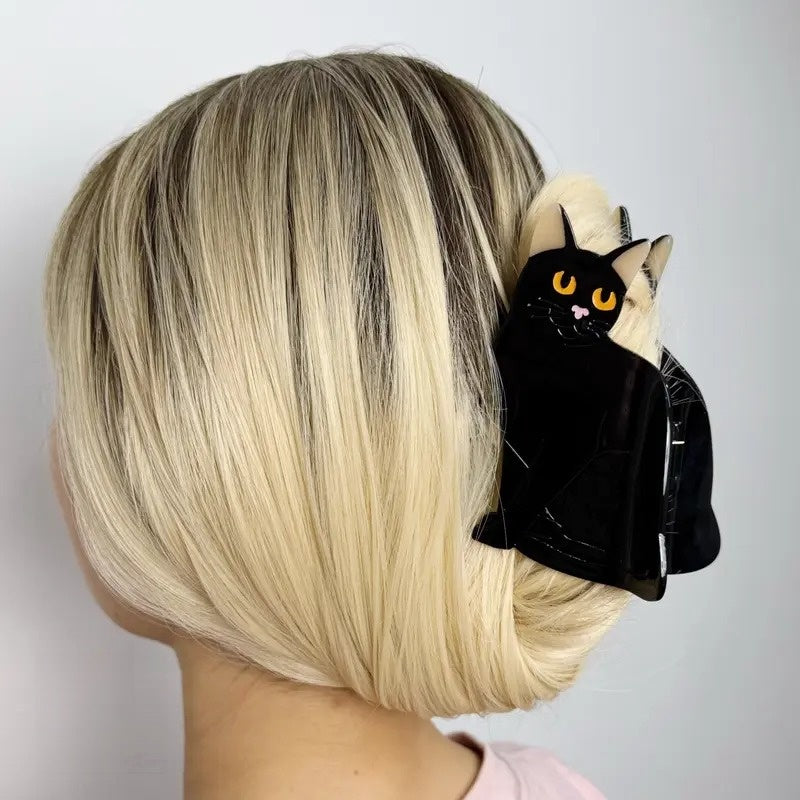 Zorvostore Black Magic Cat Yellow Eyes Double-Sided High Quality Plastic Hair Clip Claw for Women & Girls, Gift for Cat Lover, Premium Hair Accessory for Cat Mom, Wife, Her, Bestie, BFF